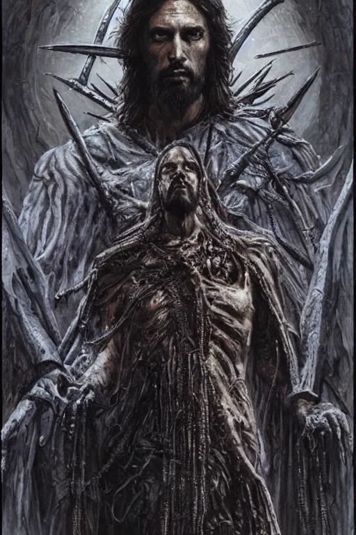 Image similar to portrait of jesus christ by hr giger, greg rutkowski, luis royo and wayne barlowe as a diablo, resident evil, dark souls, bloodborne monster