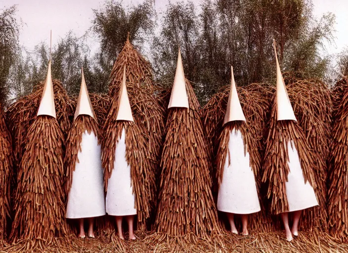 Prompt: realistic documentary photo of a group of people covered in brown dry branches trees and straw costumes with white cone heads in a crystal cloud village 1 9 9 0, life magazine reportage photo, neutral colors, neutral lighting