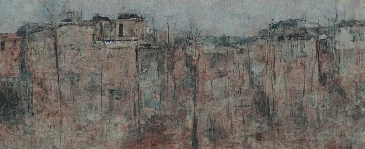 Image similar to a chinese prison near a river by peter doig, muted colors