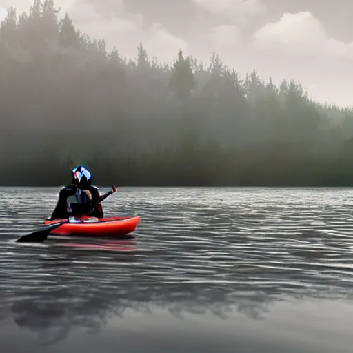 Prompt: darth vader fighting pennywise the clown on a kayak in the middle of a creepy lake, ultra high def, hyper realistic, photo