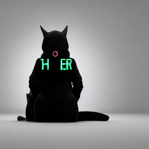 Image similar to a hacker cat, green hoodie accomplished look, dark background, sitting at a laptop, terminal console on screen, shadows, matte painting, bold shapes, hard edges, octane render, unreal engine