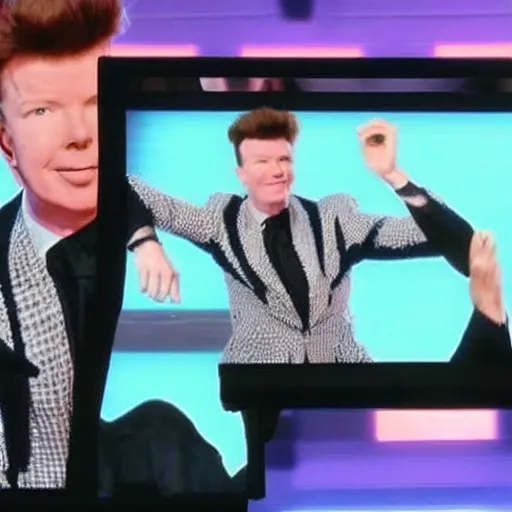 Image similar to rick astley's dance is shown on the tv screens, screens everywhere