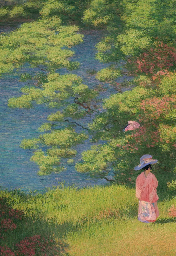 Prompt: tiny character in front of a beautiful japanese country side landscape, amazing ryokan, lofi vibe, vivide colors, amazing light, really beautiful nature, oil painting, impressionist style, by jeremy lipkin, by claude monet, by ghibli, kandinsky touches, multiple brush strokes, masterpiece, scene by hokusai