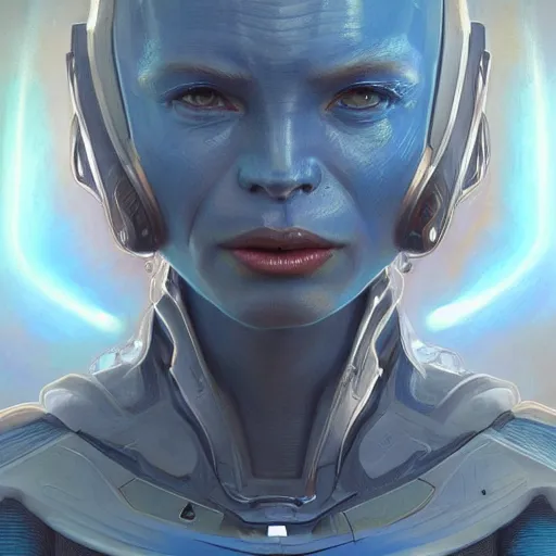 Image similar to portrait of a blue alien wearing a tight and smooth space suit, intimidating, intricate, headshot, highly detailed, digital painting, artstation, concept art, sharp focus, cinematic lighting, illustration, art by artgerm and greg rutkowski, alphonse mucha, cgsociety