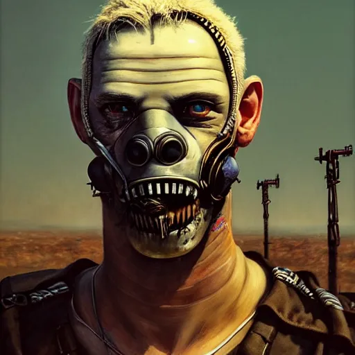 Prompt: Portrait of Immortan Joe by Greg Rutkowski. He is making an announcement from his war rig in the desert by Mark Arian. It is bright and desolate and rusty by H.R. Giger. soft render, octane, highly detailed painting by Moebius. artstation Blank Canvas Scene by Tetsuya Nomura.