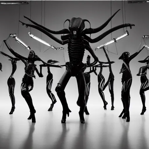 Image similar to xenomorph aliens ballet dancing elegantly in a dance studio. Giger. photo realistic 35mm 4k