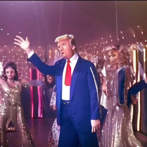Image similar to A still of Donald Trump wearing a disco suit in Saturday Night Fever