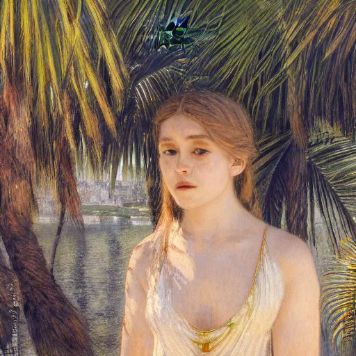 Image similar to a ultradetailed beautiful painting of a girl in the amazonas palace balustrade designed by jules bastien - lepage, hans belmer, frank weston and gustave baumann, beach, trending on artstation, mediterranean, palm trees, refracted color sparkles, sharp focus, soft light, 8 k 4 k