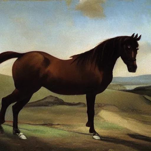 Image similar to a wide angle shot of a horse walking slowly. the scene is detailed and beautiful. the masterpiece painting uses a limited palette of colors, which are applied in a direct and expressive manner. the appearance is flat, with a two - dimensional quality. the composition is rhythmic.