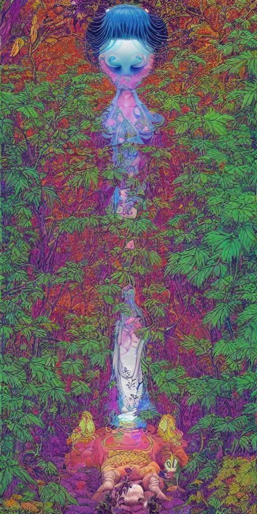 Image similar to A beautiful composition of a psychedelic glowing spirit animal psychonaut floating above a hedge maze, DMT, rich details full of texture, realistic eyes, artwork by Satoshi Kon and Yoshitaka Amano and Moebius