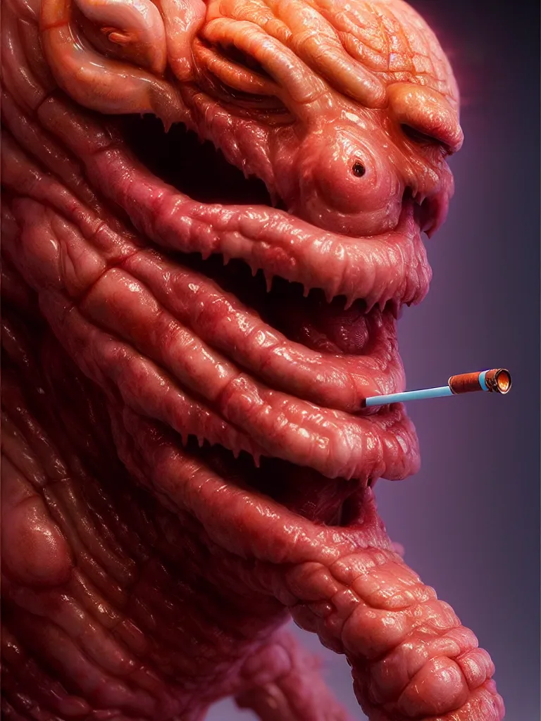 Image similar to hyperrealistic rendering, fat smooth cronenberg flesh monster final fantasy marlboro by donato giancola and greg rutkowski and wayne barlow and zdzisław beksinski, eyeballs, product photography, action figure, sofubi, studio lighting, colored gels, colored background