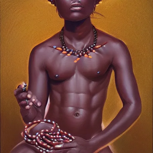 Image similar to “sango God of thunder plaited hair beads cowry Nigerian lightning facial details proportionate dark skinned symmetrical digital art oil painting Edward hooper”