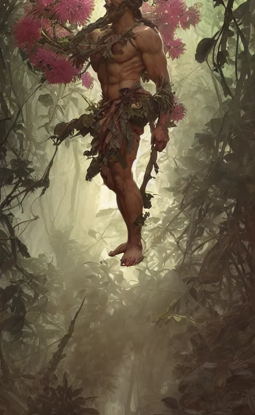 Image similar to god of the forest, 3 0 years old, rugged, handsome, male, detailed face, clean lines, atmospheric lighting, amazing, full body, thighs, flowers, muscular, intricate, highly detailed, digital painting, deviantart, concept art, sharp focus, illustration, art by greg rutkowski and alphonse mucha