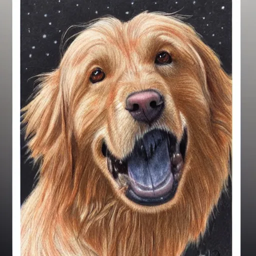 Image similar to finished 1 0 0 0 years old cave man drawing of a golden retriever, crayons. high details, photorealistic, artstation trending