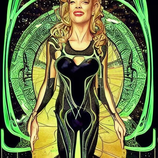 Prompt: Jeri Ryan in the role of Seven of Nine the Borg from star trek, art nouveau, amazing details, intricate details, beautiful ,insane details , tarot card, black paper, neon green, fractal system circuit , in the style of Alphonse Mucha,