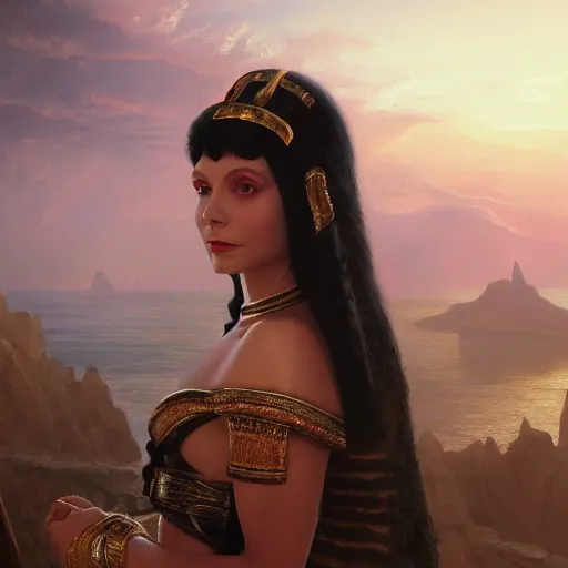 Image similar to closeup portrait of a young vivian leigh as cleopatra, palace background, dramatic light, gorgeous view, depth, high detail, digital art, painted by greg rutkowski, trending on artstation