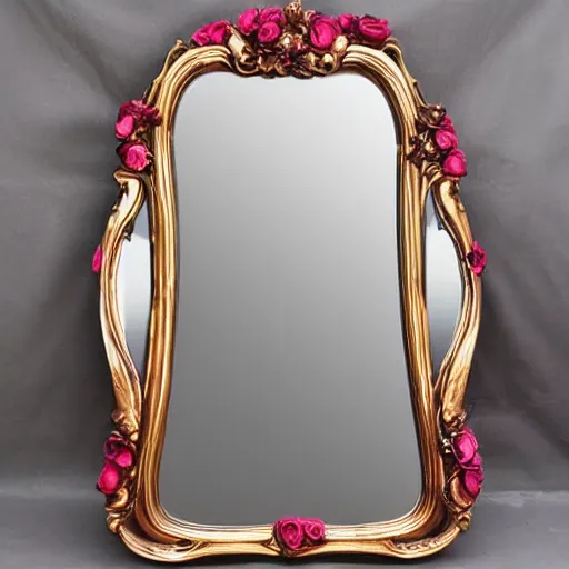 Image similar to beautiful luxurious baroque vanity mirror covered in roses and rose petals