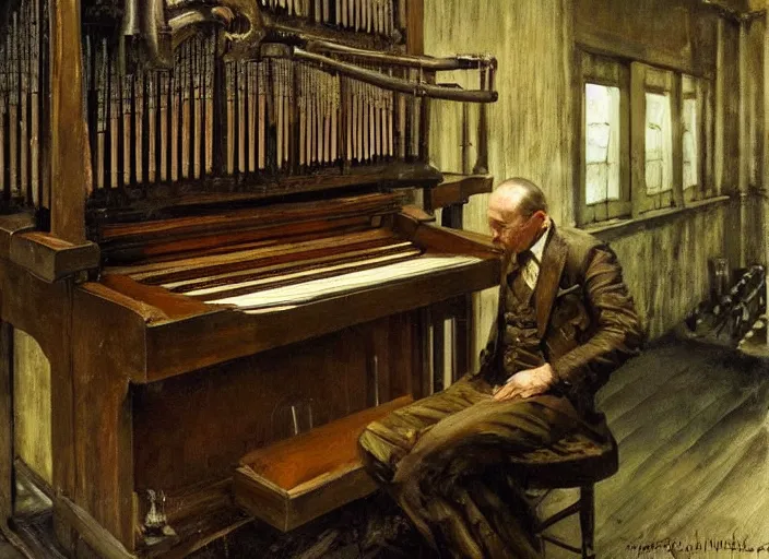 Prompt: battered dieselpunk pipe organ, painting by andrew wyeth, very detailed, somber mood,