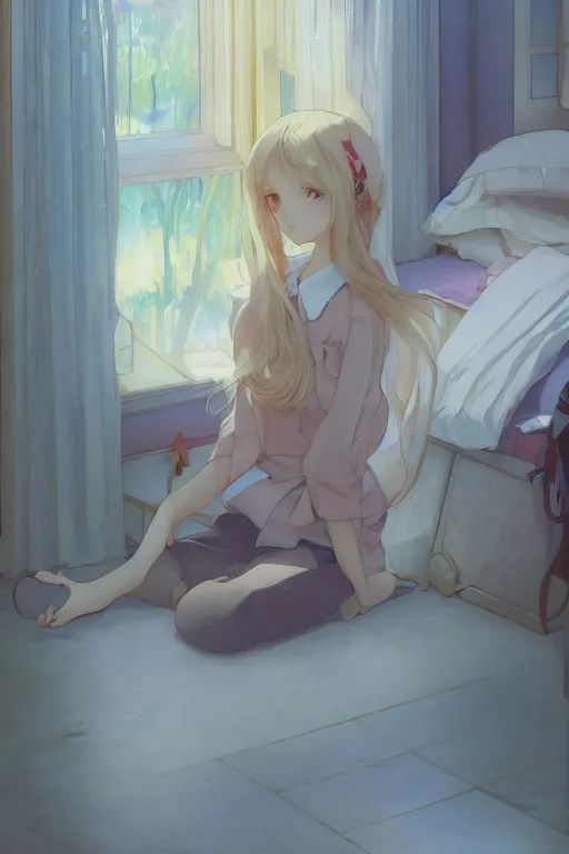 Image similar to a masterpiece digital art of a loli with blonde long hair in a jk uniform outfit in bedroom in after noon, by krenz cushart and mucha and akihito yoshida and greg rutkowski and makoto shinkai, detailed eyes, 4 k resolution 、 trending on art station