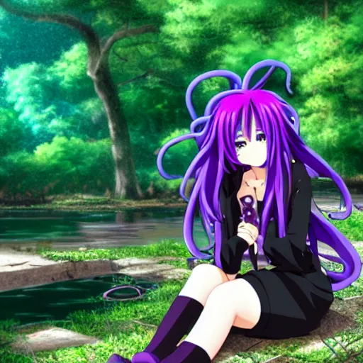 Image similar to an anime girl with purple tentacle hairs, sitting near a swamp