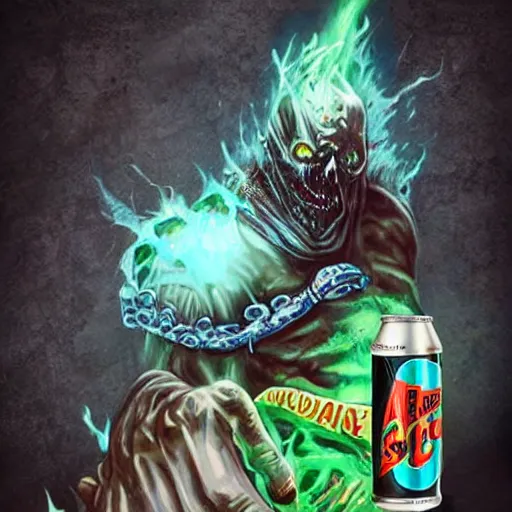 Image similar to undead lich holding a soda can by a pool, summertime, advertisement for energy drink, chlorine, energy drink commercial, detailed, hyperrealistic