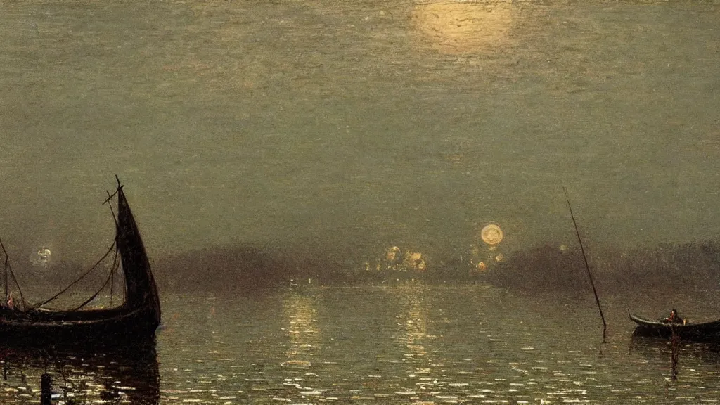 Image similar to an anglo - saxon funerary barge sailing in the middle of a lake, midnight, greenish moonlight, haunted, close up, in the style of john atkinson grimshaw, john william waterhouse, oil on canvas