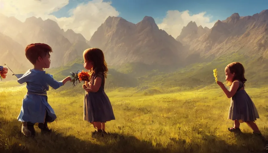 Image similar to side view of little girl giving flower to soldier, mountains in the background, sunny day, shadow, hyperdetailed, artstation, cgsociety, 8 k