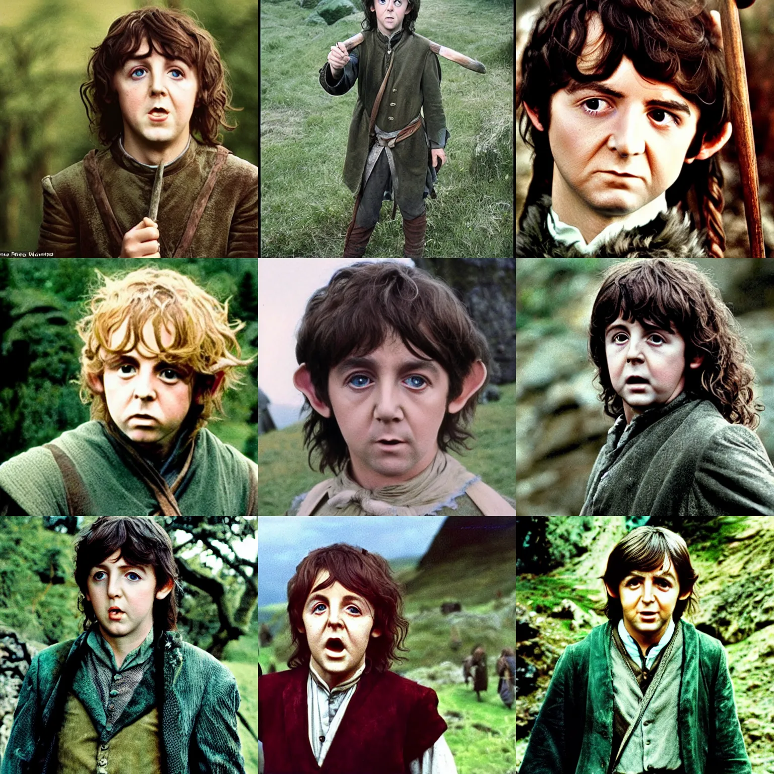 Prompt: A full color still of young Paul McCartney in Hobbit makeup and costume, in The Lord of the Rings directed by Stanley Kubrick,