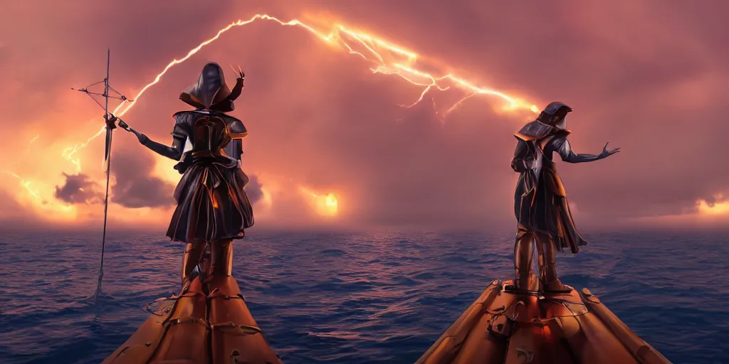 Prompt: medieval woman ship pilot from behind standing on a single ship at sea, dramatic golden neon sunset with tornado wall, wearing shiny breastplate, dynamic lighting, hyperrealistic, HD 4k, artstation