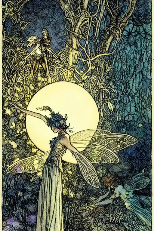 Prompt: one winged fairy in front of a globe of light in an enchanted garden, soft light, pastels, art by barry windsor - smith and charles vess and arthur rackham