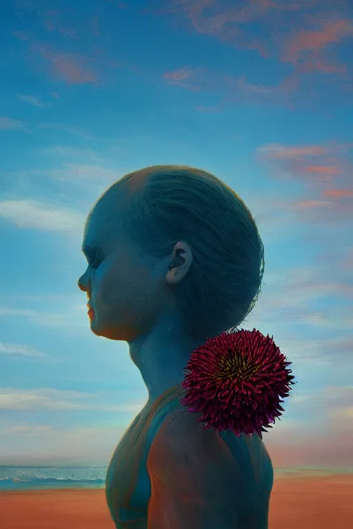 Image similar to closeup giant dahlia flower head, girl on beach, surreal photography, blue sky, sunrise, dramatic light, impressionist painting, digital painting, artstation, simon stalenhag