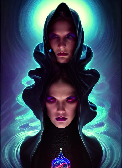 Image similar to book cover, front portrait, dark witch with black hood and evil eyes, realism, soft, smooth, luminescent, art nouveau tarot, backlit glow, colorful swirly ripples, gaudy colors, aesthetic octane render, unreal engine, 8 k, by artgerm, greg rutkowski, alphonse mucha