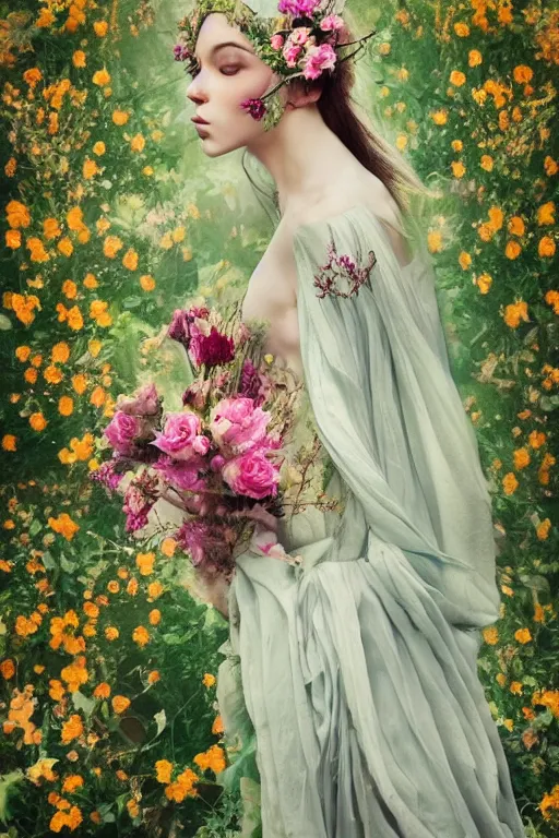 Image similar to beautiful elven women clothed in flowers by malgorzata kmiec, floral, ethereal, elegant