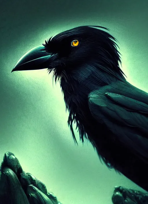 Image similar to side portrait dark crow (animal), close-up, fantasy forest landscape, moonshine, fantasy magic, nice black feather, proud, green dark light night, intricate, elegant, sharp focus, illustration, highly detailed, digital painting, concept art, matte, art by WLOP and Artgerm and Greg Rutkowski and Eddie Mendoza, masterpiece