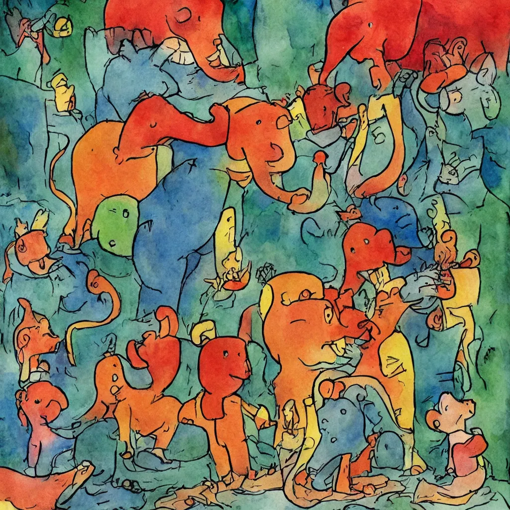 Prompt: babar discovers fire children's illustration watercolor painting