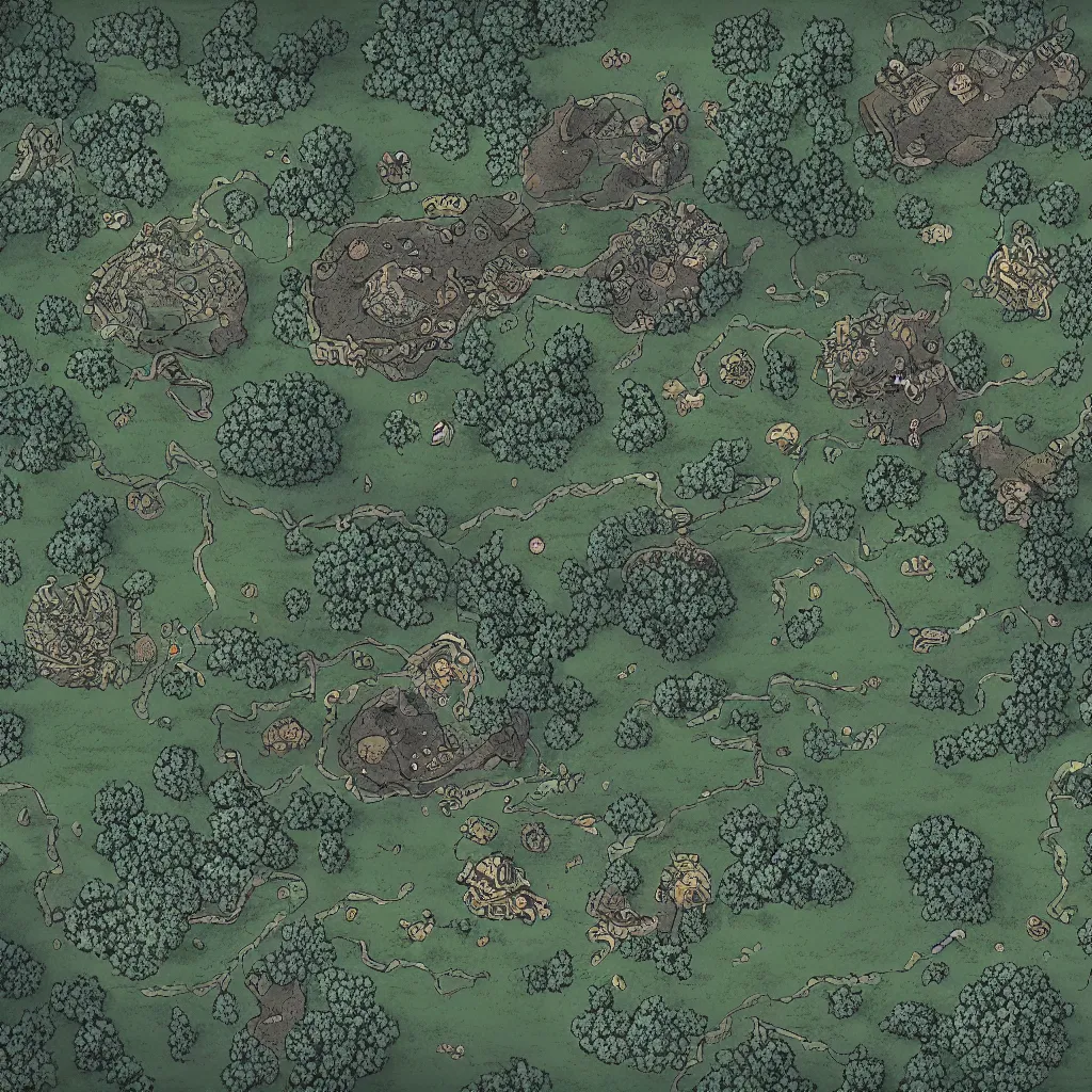 Image similar to a ttrpg map of a moonlit clearing in the woods, gridless, beautiful, 8 k, high quality digital art