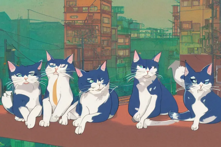 Image similar to four happy stray cats, lounging about and looking at the camera, urban setting, whimsical, trending on artstation, animation still by Hayao Myazaki