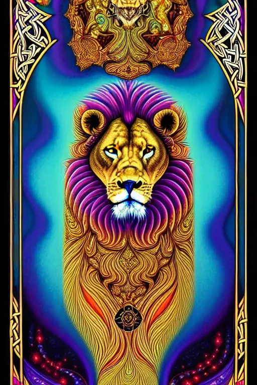 Image similar to beautiful and colorful fractal tarot card featuring an ornate, realistic, and regal viking lion by Dan Mumford, by Jim Fitzpatrick, by joe wilson, featured on deviant art, trending on artstation