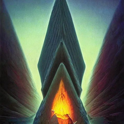 Image similar to glowing demonic galactic Antarctica pyramid heron balustrade mushroom tree , by Lawren Harris and H. P. Lovecraft and Mœbius , Art on Instagram , black velvet painting , Zbrush Central
