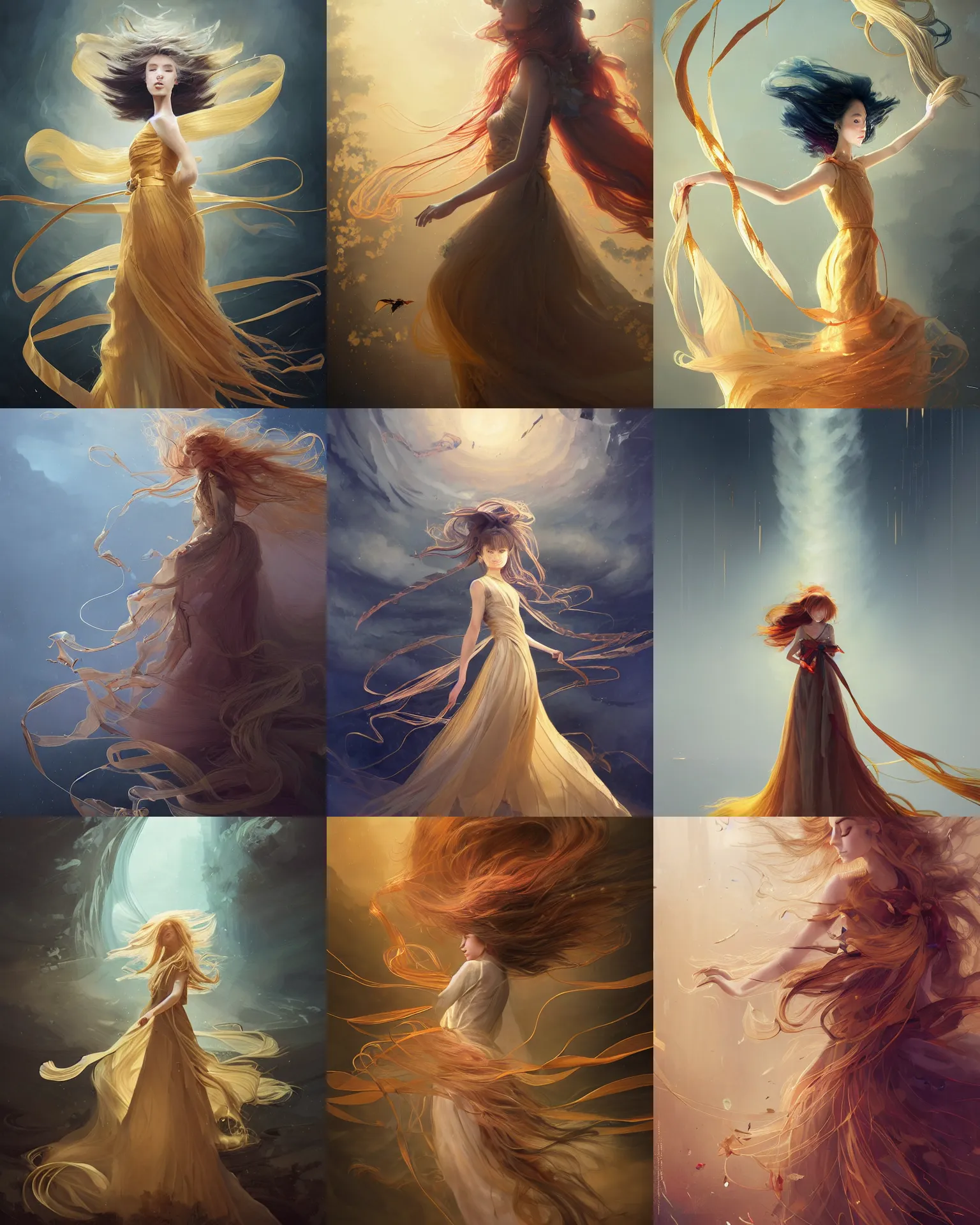 Prompt: museum curator of abstract work with long golden hair and a beautiful dress with ribbons, tornado, windy, magnificent, medium shot, close up, details, sharp focus, elegant, highly detailed, illustration, by Jordan Grimmer and greg rutkowski and PiNe(パイネ) and 薯子Imoko and 香川悠作 and wlop and maya takamura, intricate, beautiful, Trending artstation, pixiv, digital Art