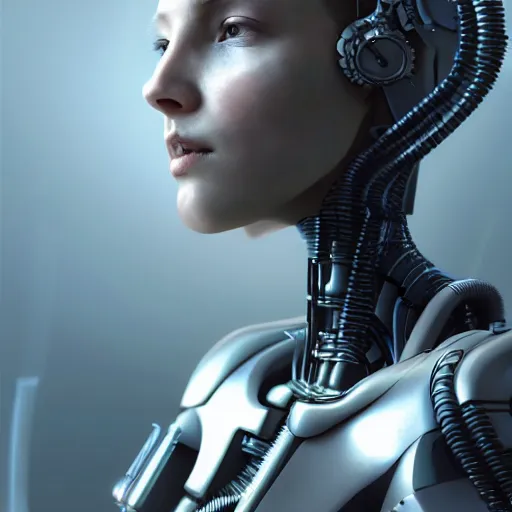 Image similar to Mechanical Cyberpunk Female Android, Half-Body, intricate, elegant, super highly detailed, professional digital painting, artstation, concept art, smooth, sharp focus, no blur, no dof, extreme illustration, Unreal Engine 5, Photorealism, HD quality, 8k resolution, cinema 4d, 3D, beautiful, cinematic, art by artgerm and greg rutkowski and alphonse mucha and loish and WLOP