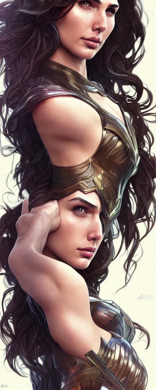 Prompt: very very beautiful longshot photo of Gal Gadot , intricate, elegant, highly detailed, artstation, concept art, smooth, sharp focus, illustration, art by artgerm and moebius and alphonse mucha