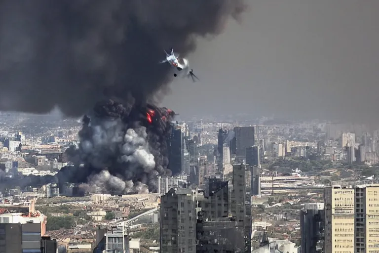 Prompt: militarily helicopter firing missiles smashes through high rise window, explosions, by Michael Bay