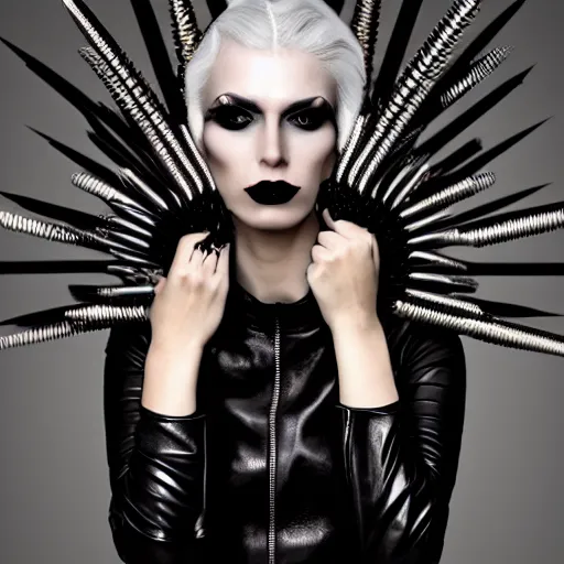 Image similar to a woman in a black leather outfit with spikes on her head, a high fashion character portrait by christen dalsgaard, featured on behance, gothic art, androgynous, genderless, gothic