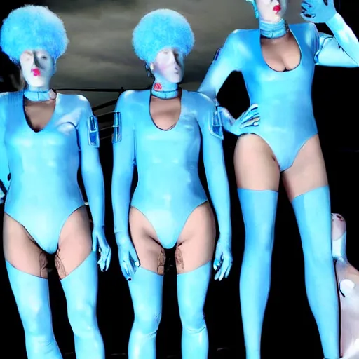 Image similar to troop of cloned freakshow women with white bob hairdos, tight light blue neopren suits, futuristic production facility, sci - fi, highly detailed, cinematic