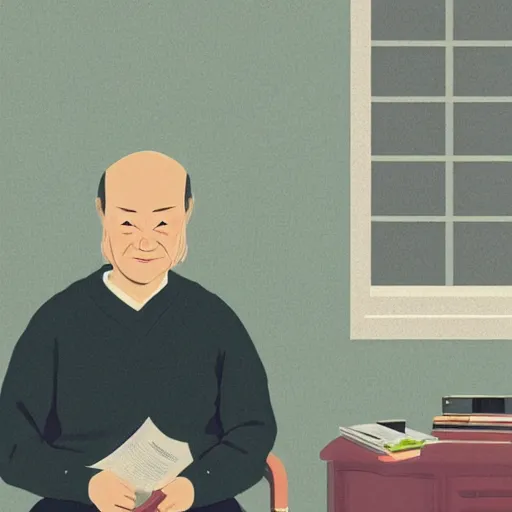 Image similar to old balding japanese man with white shirt, sitting on a chair and reading newspaper while looking at the ceiling of his room with contrastic green lighting by fujita goro, atey ghailan, tom whalen