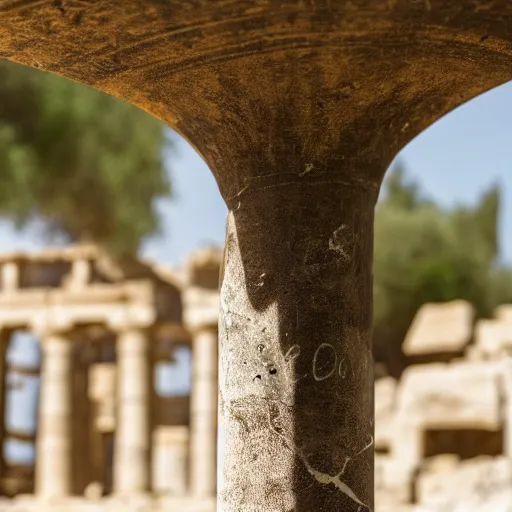 Image similar to a cinematic film still of a claymation stop motion film starring cute caracal, big wooden barrel, ancient greek city, marble temple columns, olive trees, shallow depth of field, 8 0 mm, f 1. 8