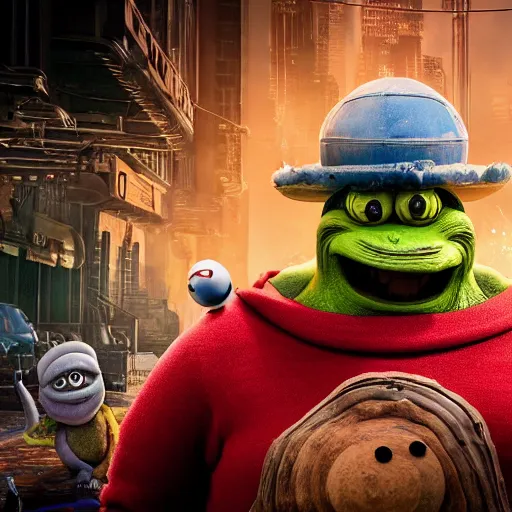 Image similar to mr. bean godzilla super mario pickle rick yoda donkey kong pikachu yeti shrek spongebob homer groot kermit in gears of war, splash art, movie still, detailed face, photorealistic facial features, cinematic lighting, dramatic, octane render, long lens, shallow depth of field, bokeh, anamorphic lens flare, 8 k, hyper detailed, 3 5 mm film grain