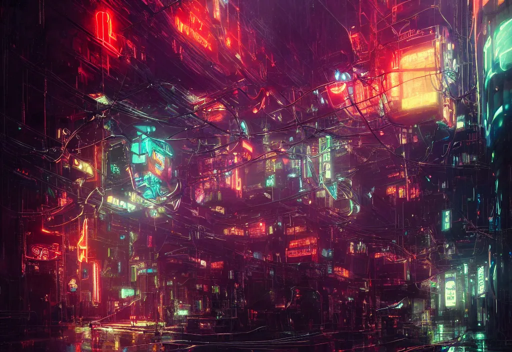 Prompt: glowing robot cyborg unicorn, many wires and neon lights exposed, metal and glowing eyes, cyberpunk, highly detailed painting by jeremy mann and cd projekt red