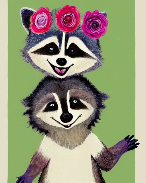 Prompt: a watecolor painting of a smiling happy cute raccoon wearing a flower crown, by antoine de saint - exupery and annabel kidston and naomi okubo and jean - baptiste monge. a child storybook illustration, muted colors, soft colors, low saturation, fine lines, white paper